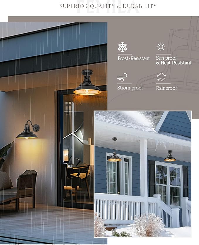 FEMILA Industrial Semi Flush Mount Ceiling Light, 12" Farmhouse Front Porch Ceiling Lighting Fixture, 2 Pack Outdoor Flush Mount Porch Light for Entryway, Hallway, Kitchen, 4FY15-F-2PK BK-1