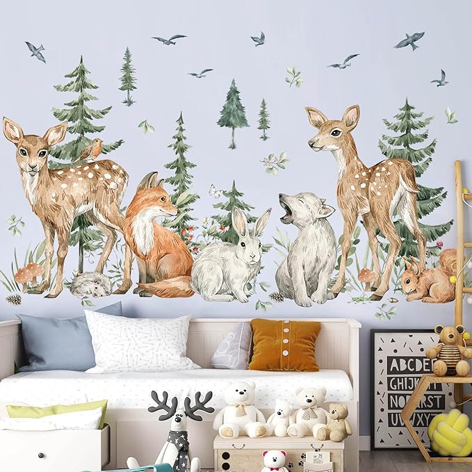Amaonm 4 Sheet of 12x36 inch Giant Forest Tree Wall Decal Woodland Deer Bear Rabbit Fox Squirrel Birds Wall Stickers 3D DIY Peel and Stick Jungle Wild Animal Pine Wall Decor for Kids Boys Bedroom