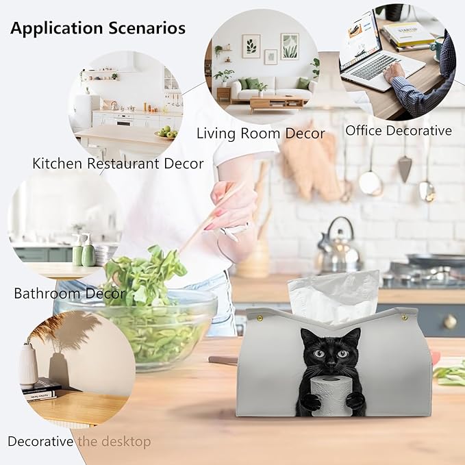 Cute Black Cat Leather Tissue Box Cover for Bathroom Decor,Fun Cat Toilet Paper Box Holder,Funny Decorative Facial Paper Case for Living Room Bathroom Office Desk,9.8x5.9x5.9In