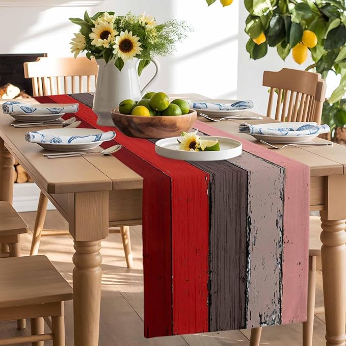 Farmhouse Cotton Linen Table Runner Dresser Scarf Retro Rustic Barn Wood Texture Ombre Christmas Red Brown Non-Slip Rectangle Settings Decoration for Kitchen Home Dining Holiday, 18x72 inch