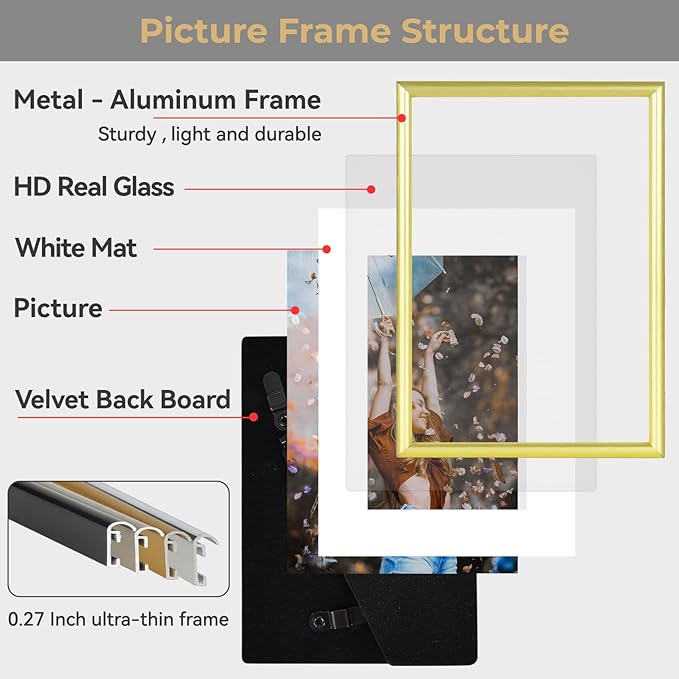 8.5x11 Picture Frame Set of 3, Matte Gold Modern Thin Aluminum Metal Photo Frame with HD Glass, Fits 5x7 with Mat or 8.5 x 11 without Mat, for Tabletop and Wall Mounting