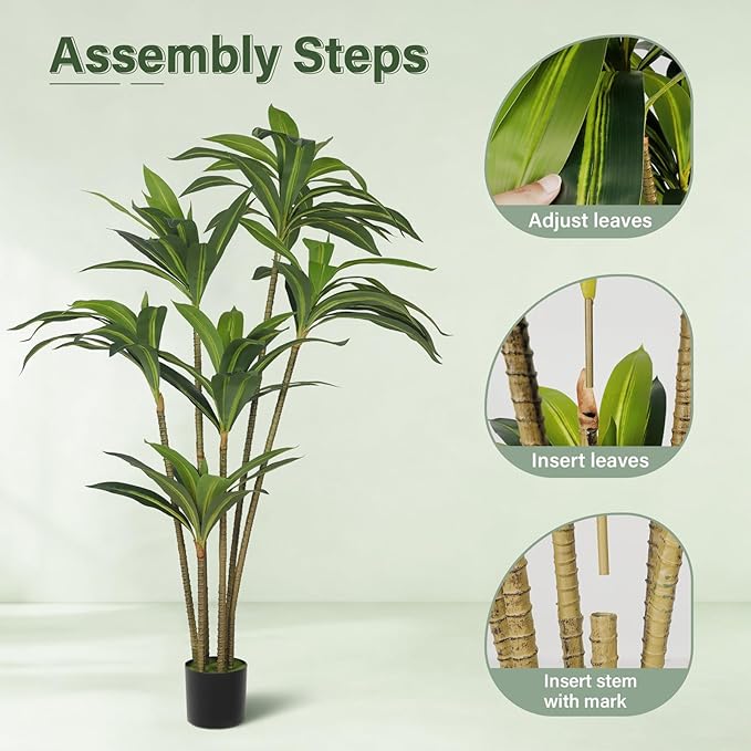 5FT Artificial Tree Dracaena Plant in Decorative Pot-Realistic Fake Plant for Indoor Outdoor Use,Home Office Living Room Decor,Real Touch Leaves,Housewarming Gift,Black Planter