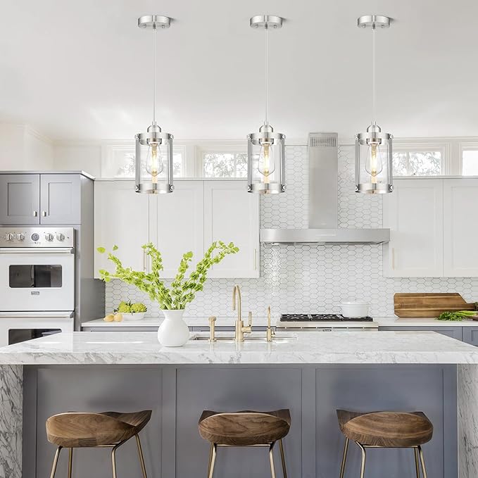 Brushed Nickel Pendant Lights Kitchen Island 3 Pack, Modern Kitchen Pendant Lighting Over Island with Clear Glass, Farmhouse Mini Hanging Light for Sink Dining Room, OS-3014-3PBNC