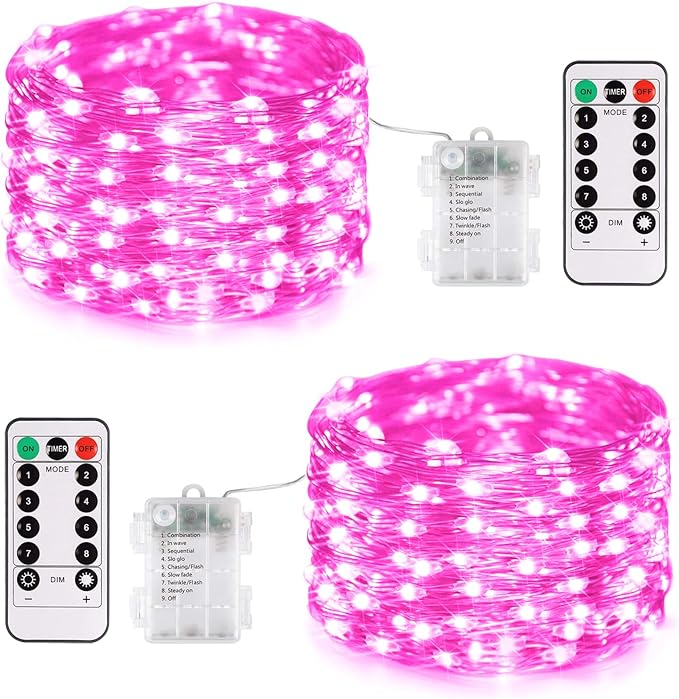 JMEXSUSS 2 Pack Pink Fairy Lights Battery Operated, Total 200 LED 66ft Twinkle String Lights with Remote, 8 Modes Pink Christmas Lights for Bedroom Tree Valentine's Day Anniversary Indoor Decor