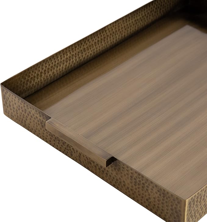 Kate and Laurel Samana Modern Glam Rectangle Metal Tray; 18 x 13 x 2; Brass; Rectangular Polished Stainless Steel Decorative Tray with Hammered Surface and Minimalist Handles