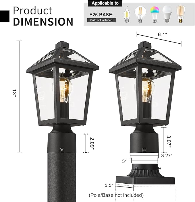 Outdoor Post Lights Fixtures, Lamp Post Light Fixture Black Finish, Waterproof and Anti-Rust Aluminum Pillar Outside Lighting for Walkway, Driveway, Patio, Porch, 7H1P BK