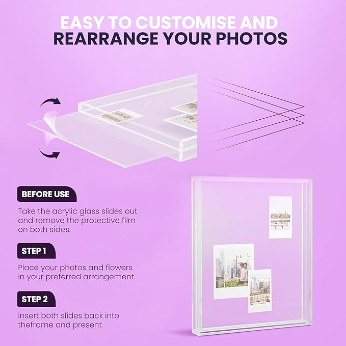 Elil Polaroid & Fujifilm Instax Frame – Clear Acrylic Floating Picture Frame 11.8" x 10.2" Holds 8x10 Photo or 12 Instax Mini Polaroid Go Prints Double-Sided Collage Display for Wedding & Graduation