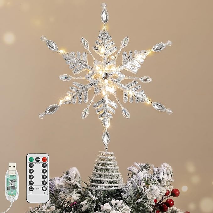 Lewondr Christmas Snowflake Tree Topper, 12.2'' Glittered Xmas Tree Topper with Pearl Gem, 30 LED Bulbs, 6 Hrs Timer and 8 Modes USB Remote Control, Christmas Treetop Decor for Home Holiday, White
