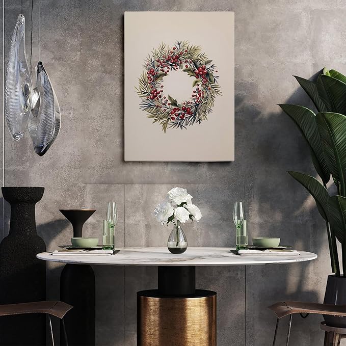 Festive Holiday Decor Vintage Christmas Wreath Drawing Print Poster, Old Fashion Rustic Wall Art, Fireplace Farmhouse Home Decor 16x24inch Framed Art