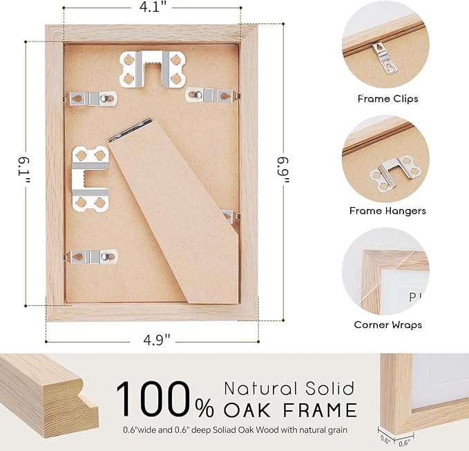 4x6 Oak Wood Picture Frame - 4"x6" Photo Frame, 4x6 Picture Frame Wood, Natural Solid Wooden Picture Frames for Wall Art Photo and Prints(1 Pack, Beige)