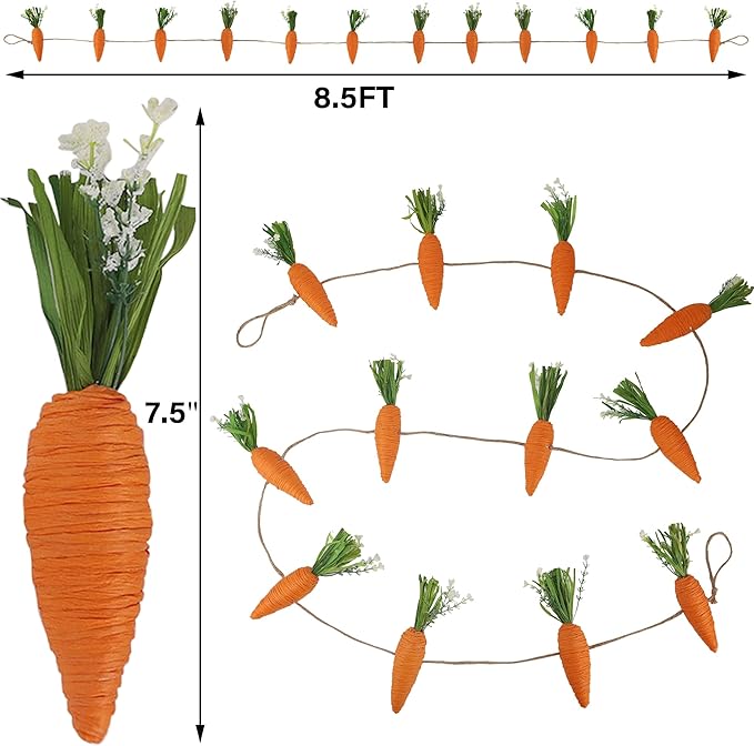 DR.DUDU Easter Garland Decor, 12 Pcs Carrot Ornament for Mantel Decorations, 8.5 FT Hanging Artificial Carrots Garland Carrot Banner for Fireplace Home Kitchen Party