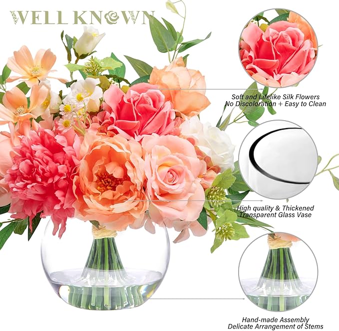 Artificial Flowers in Vase with Fake Water, Silk Peony Rose Flowers Bouquet with Glass Vase for Thanksgiving Party Birthday Wedding Dinning Table Centerpieces Office Decor & Gift (Coral & Peach Plus)