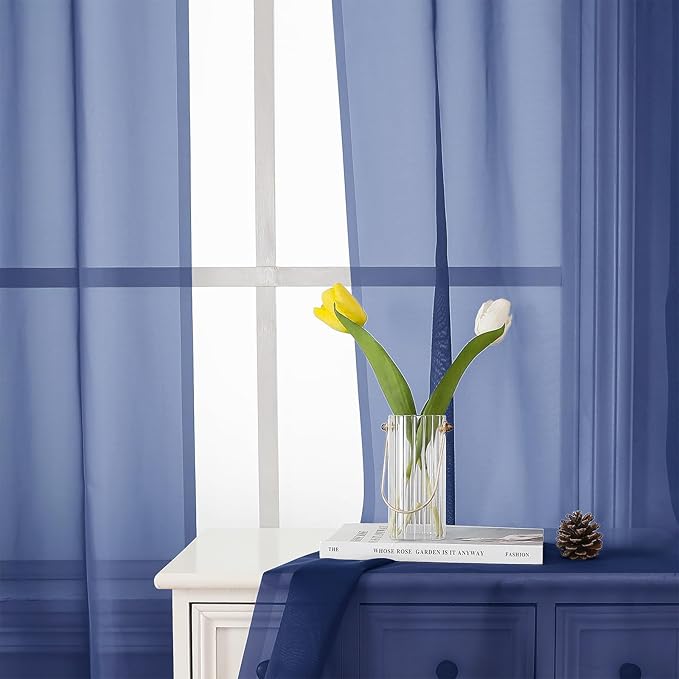 Lecloud Royal Blue Sheer Curtains 90 Inches Long 2 Panels, Living Room Curtains with Dual Rod Pocket, Voile Airy Sheer Drapes for Bedroom Window Treatments, Each Panel 42 X 90 Inch
