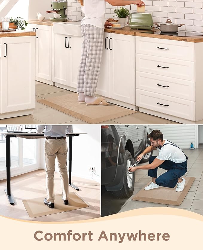Ophanie Kitchen Mats for Floor, 3/4 inch Thick, 17x24 Anti Fatigue Cushioned Mat, Kitchen Rugs, Waterproof, Comfort Ergonomic Standing Mat for Office, Home, Sink, Beige Non-Slip Ridged Bottom