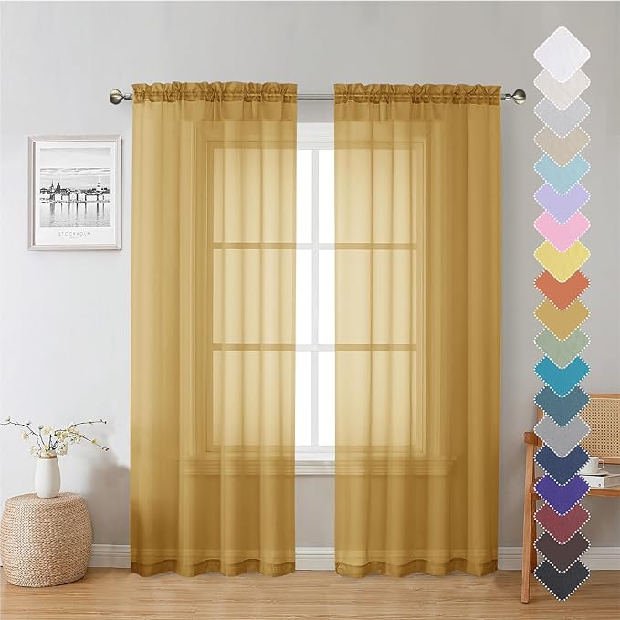 Lecloud Gold Sheer Curtains 72 Inch Length 2 Panels, Light Filtering Voile Window Drapes for Bedroom, Dual Rod Pocket Living Room Elegant Window Treatments, 40 W x 72 L Inches, Gold
