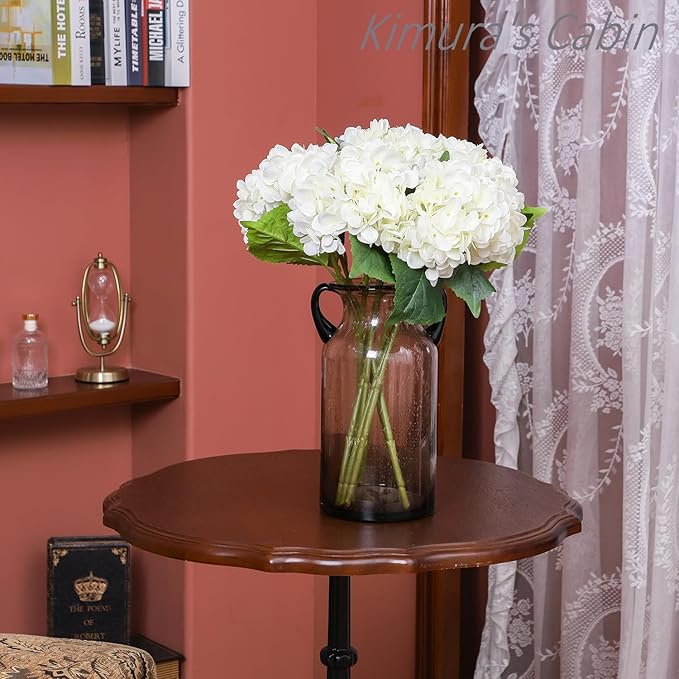 Kimura's Cabin 6Pcs Fake White Hydrangea Flowers Artificial Silk Hydrangeas with Stems Faux Hydrangea Bouquets for Home Wedding Party Table Core Decoration (White, Pack of 6)