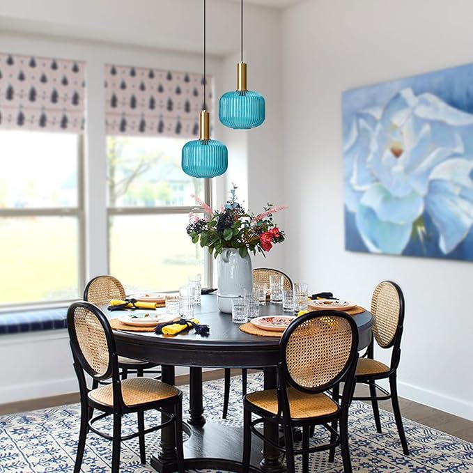 Blue Glass Hanging Lamp Plug in Pendant Light Fixture Ceiling Hanging Lights with Plug in Cord Mid Century Blue Glass Plug in Chandelier for Kitchen Island Bedroom Dining Room Living Room