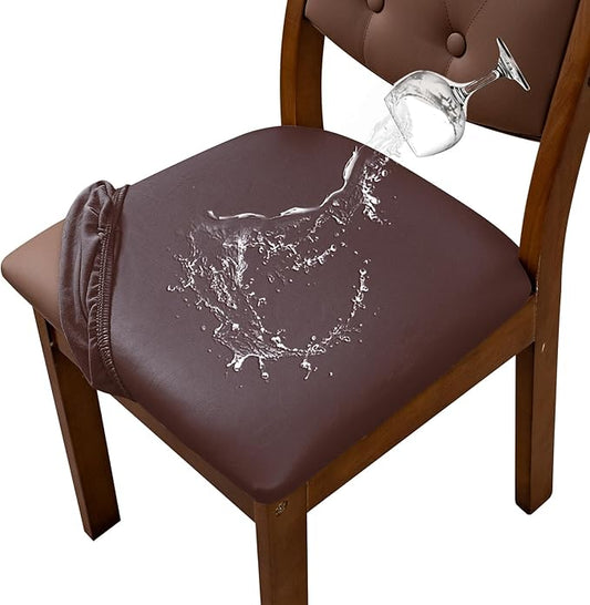 Waterproof PU Leather Seat Covers for Dining Room Chairs Set of 4, Stretch Dining Chair Slipcovers, Kitchen Chair Seat Covers, Non-Slip & Washable (Brown)