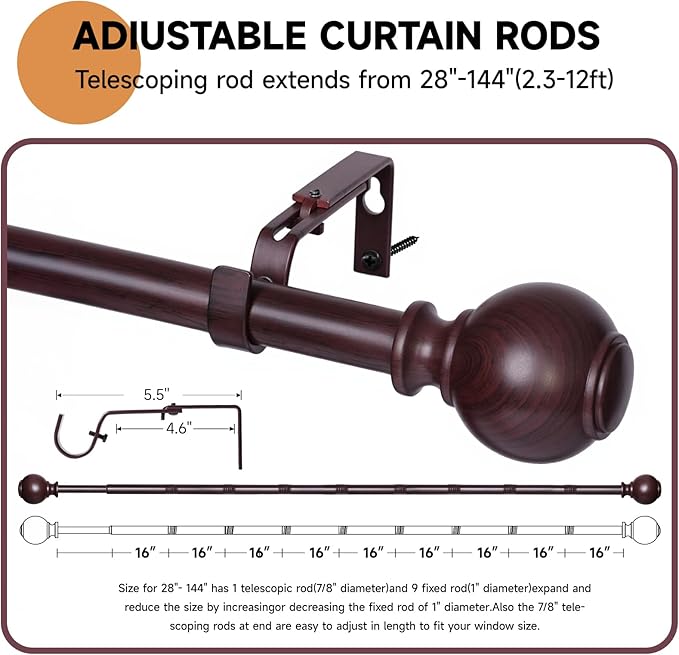 Red Wood Curtain Rods for Windows 72 to 144 Inches,1 inch Heavy Duty Window Curtain Rod with Imitation Wood Grain Finials,Decorative Drapery Rods Adjustable, 28"-144"(2.3-12ft)
