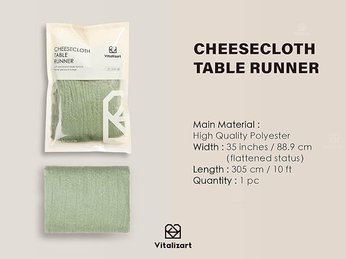 Vitalizart Cheesecloth Table Runner 10ft Gauze Boho Rustic Sage Green Cheese Cloth Table Runner for Wedding Bridal Shower Fall Thanskgiving Decoration 120 Inches