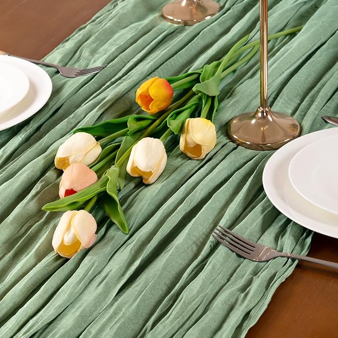 8pcs Sage Green Cheesecloth Table Runner Boho Gauze Spring Table Runners 22×120 inch 10FT Decor for Farmhouse Wedding Baby Shower Birthday Party Ceremony