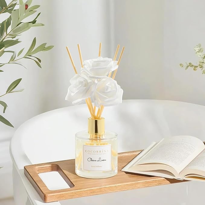 Cocorrína Reed Diffuser Set,6.7oz (200ml) Clean Linen Scented Diffuser with 3 White Rose Foam Flowers & Cotton Sticks, Home Fragrance Reed Diffuser for Bathroom Shelf Decor