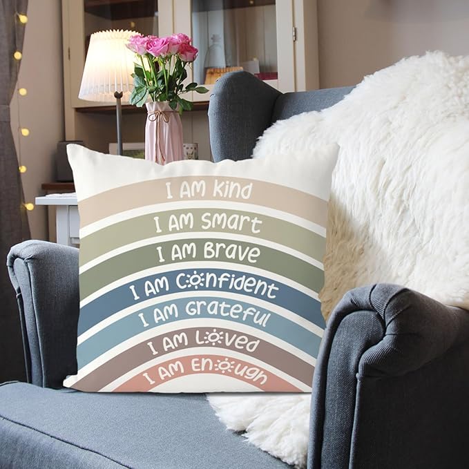 QIYUHOY Boho Rainbow Classroom Throw Pillow Covers, Book Center Calming Corner Playroom Decor Pillow Case, Reseda Pillow Cover, I Am Kind Smart Brave Confidence 18x18 Inch Pillowcase(reseda)