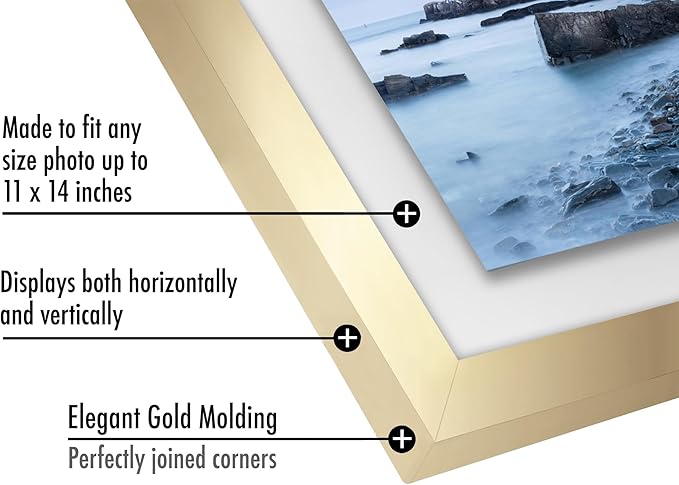 Americanflat 11x14 Floating Picture Frame with Polished Crystal-Clear Glass - Use as 8x10 Picture Frame or Display 5x7 Photo - Signature Float Collection - Photo Frames for Wall Display - Gold