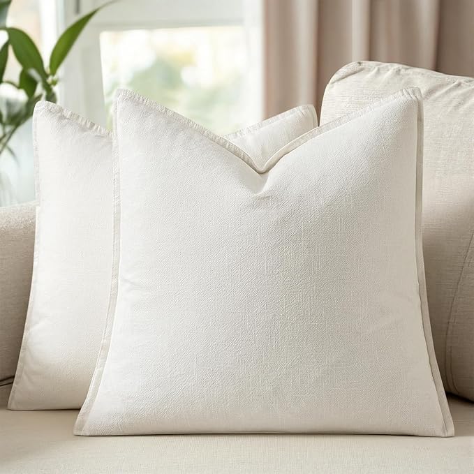 Woaboy 18x18 Inch Set of 2 Decorative Linen Solid Throw Pillow Covers Boho Accent Farmhouse Pillowcases Modern Netural Christmas Home Decor for Couch Sofa Living Room Bed,Cream White