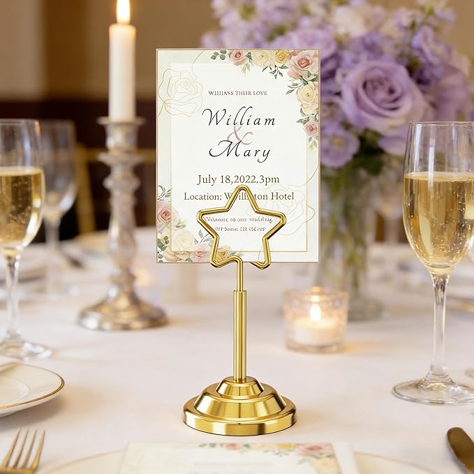 Urban Deco 16 Pieces Table Card Holder Place Card Holders 4 inches Steel Card Holders for Photos, Food Signs, Memo Notes, Weddings, Restaurants, Birthdays (Gold Pentagram)