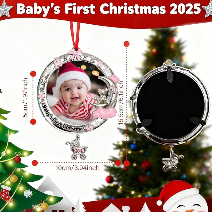 Babys First Christmas Ornament 2025 My Very First Christmas Photo Frame 2025 Dated Metal Picture Frame Xmas Tree Decor Baby Keepsake Newborn Boys Girls Gifts for Son Daughter Grandson Granddaughter