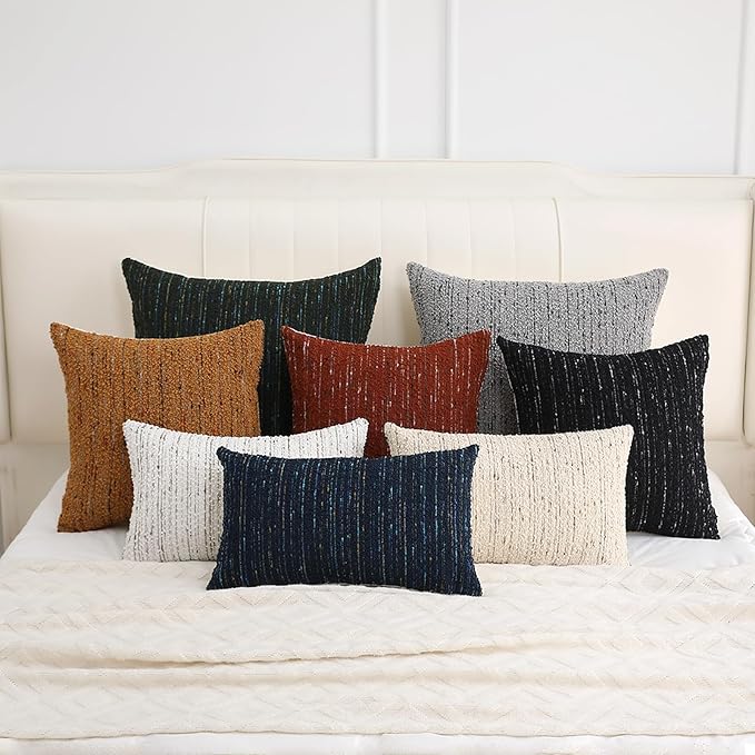 Textured Boucle Pillow Covers 18x18 Neutral Striped Throw Pillows Soft Modern Farmhouse Pillow Cases, 1pc Decorative Accent Square Couch Cushion Cover for Bed Chair Living Room, Black