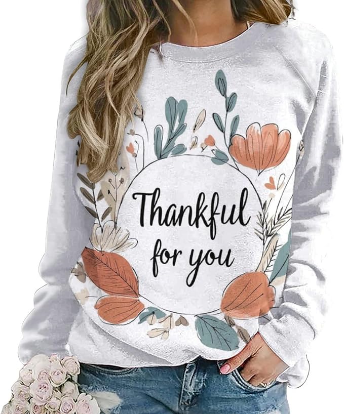 Thanksgiving Sweatshirt for Women Crewneck Pullover Casual Graphic Long Sleeve Shirts Sweater
