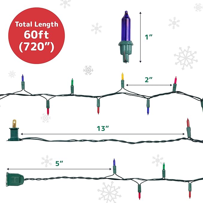 PREXTEX Multicolored Christmas Lights with Green Wire, 60 Feet, 300 Lights, Colorful String Lights Indoor or Outdoor - Incandescent String Lighting for Christmas Tree Decorations for Fences and Patios