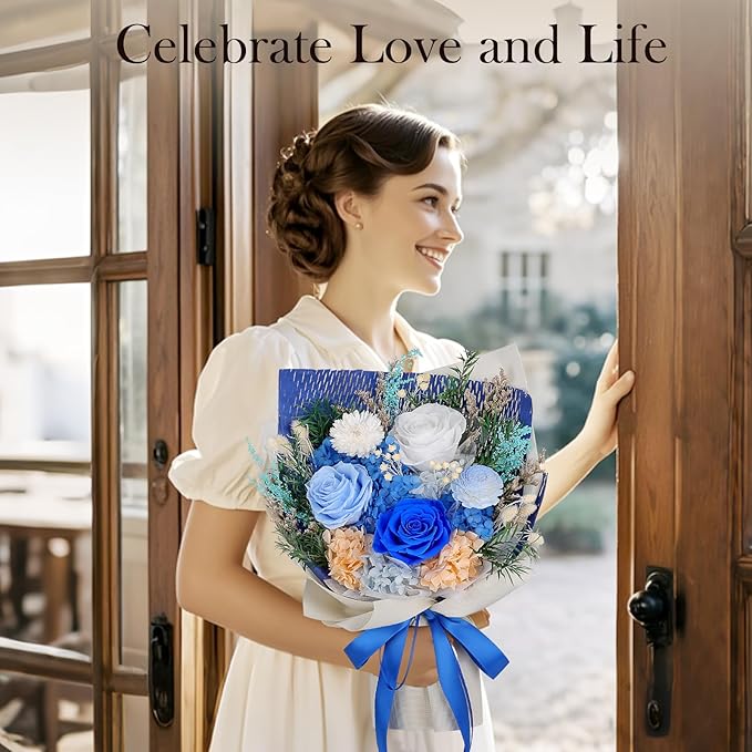 Preserved Flowers Bouquet - Forever Flowers for Delivery, Real Eternal Roses Bouquet for Mothers, Mom, Wife Anniversary Birthday Gifts for Women Men, Blue
