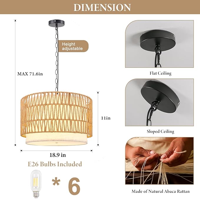 Rattan Drum Chandeliers for Dining Room, 19.7" 5-Lights(Bulbs Included) Boho Chandelier Light Fixture, Farmhouse Dining Room Light Fixtures Over Table, Hanging Light for Kitchen, Living Room, Bedroom