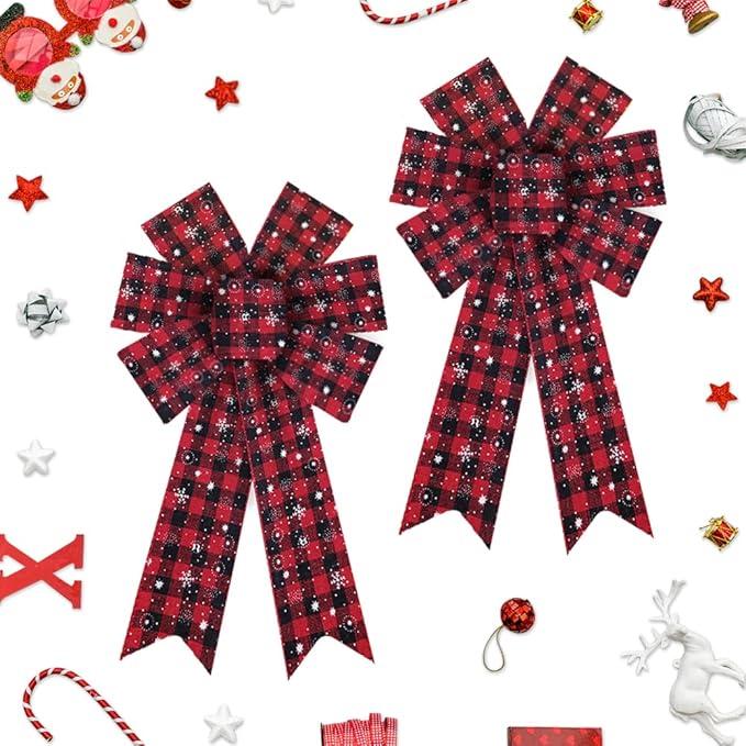2pcs Christmas Wreath Bows Christmas Bows Snowflake Red Black Plaid Burlap Bows for Wreaths, Christmas Ribbon Bows Tree Topper Bows for New Year Home Indoor Outdoor Decoration Wreath Ornament Supplies
