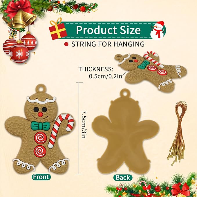 16 Pcs Gingerbread Man Ornaments for Christmas Tree, Soft Silicone Christmas Decorations, 3 Inch Adorable Gingerbread Figurines for Xmas Tree Hanging Decor, Gift Tags & Party Favors (16 Designs)
