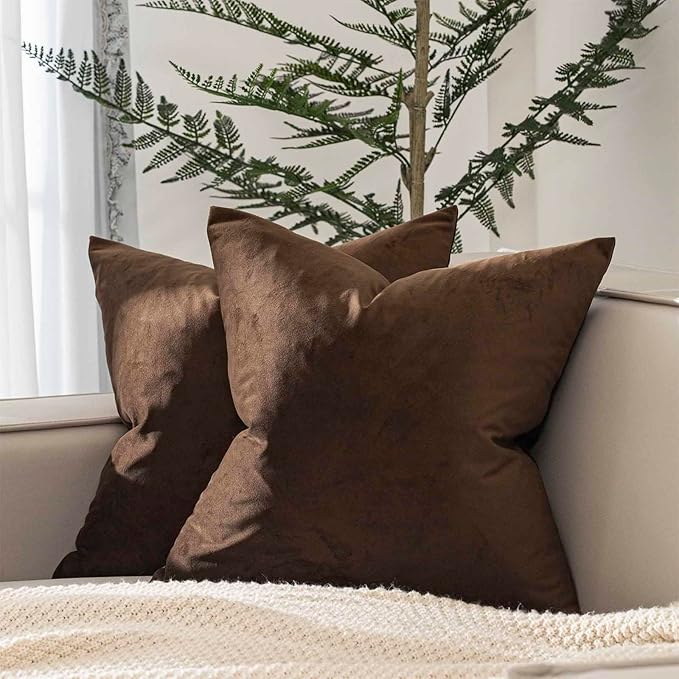 JUSPURBET Decorative Pillow Covers Set of 2 Velvet Throw Pillow Covers for Couch Sofa Bed Soft Cushion Covers Cases with Hidden Zipper for Living Room Home Decor 16x16 inch,Brown