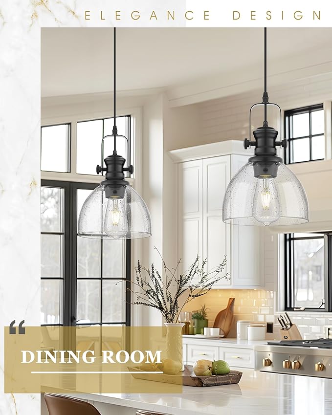 2 Pack Pendant Lights Kitchen Island, 7.5" Black Pendant Lighting with Clear Seeded Glass Shade, Farmhouse Hanging Light Fixtures for Dining Room, AD-22151-1P2-BK