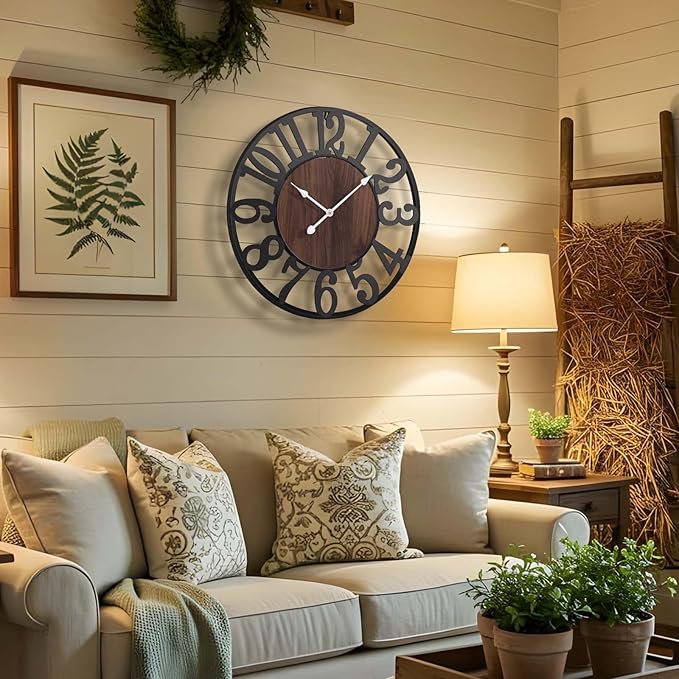 Vantic 24 Inch Large Wall Clock, Arabic Numeral Wood Oversized Wall Clocks for Living Room Decor, Farmhouse, Bedroom and Kitchen, Completely Silent, Non Ticking, Battery Operated