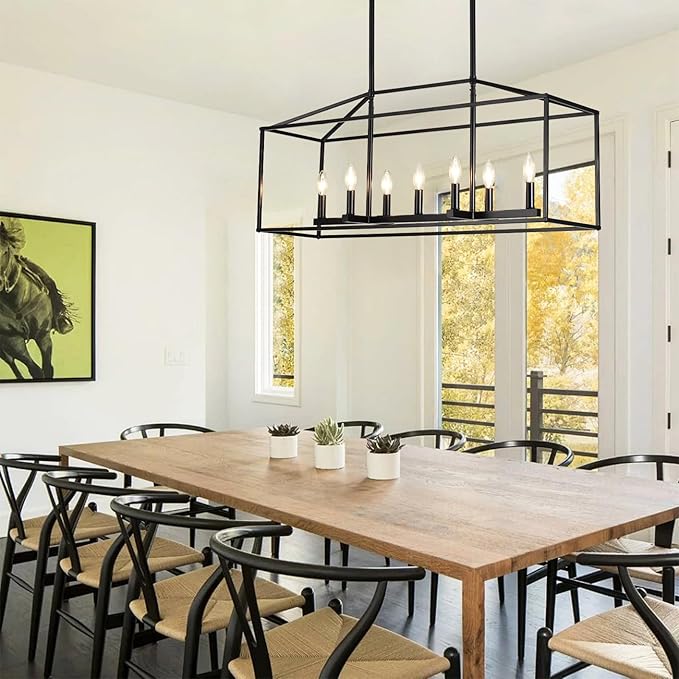 Dining Room Chandelier,7 Light Kitchen Island Light Modern Farmhouse Chandeliers Contemporary Pendant Light Matte Black Finish Rectangle Modern Pendant Light Adjustable Height