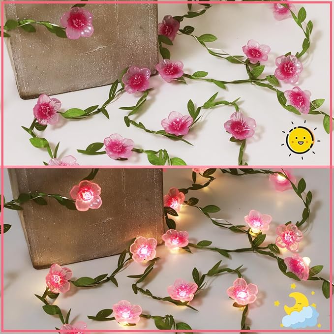 Cherry Blossom Decor Flower String Lights Vines with Fairy Lights Christmas, 30 LED Copper with Remote Control Battery Operated Pink Flower Garland Leaf for Locker, Wall,Christmas Decorations-2 Pack