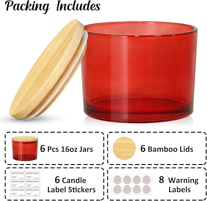 16oz Candle Jars 6 Pack, 3 Wick Christmas Red Glass Candle Jars with Bamboo Lids for Candle Making, Large Wide Mouth Empty Candle Container Bulk for 12/13/14/15oz Candles, Labels Included