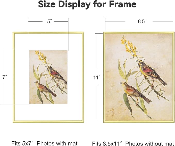 8.5x11 Picture Frame Set of 3, Matte Gold Modern Thin Aluminum Metal Photo Frame with HD Glass, Fits 5x7 with Mat or 8.5 x 11 without Mat, for Tabletop and Wall Mounting