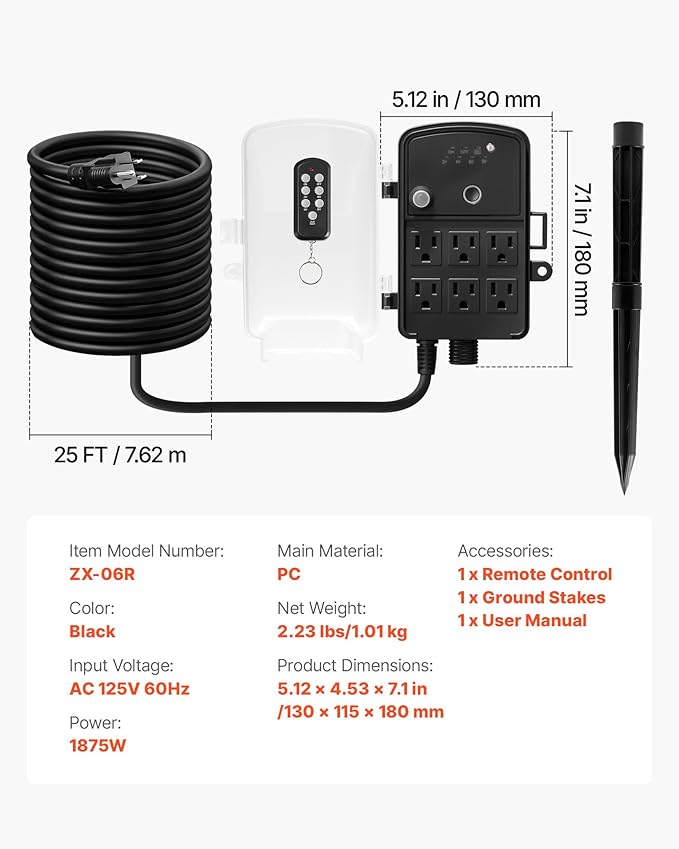 VEVOR Outdoor Power Stake Timer, 25FT Extension Cord, Remote Control Outdoor Power Strip with Cover, Dusk to Dawn Light Timer Waterproof, 6 Outlets for Halloween Christmas Lights, Garden Decorations