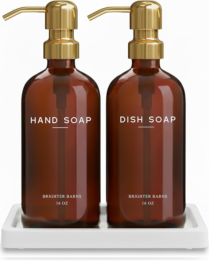 Luxury Glass Hand and Dish Soap Dispenser Set with Tray by Brighter Barns - Kitchen Soap Dispenser with Tray and Pump for Kitchen Sink - Luxury Home Decor for Airbnb, Restaurant, Hotel (Amber/Gold)