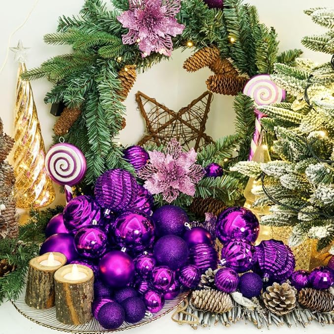 XmasExp 2.36" Purple Christmas Ball Ornaments (24ct, Shatterproof, Plastic, Hanging, Christmas)