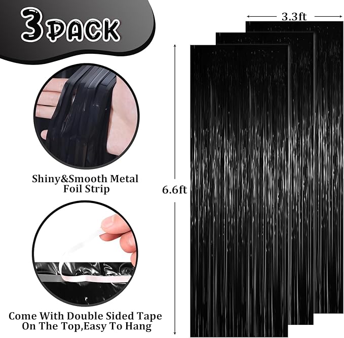 3.3 x 6.6 ft Foil Fringe Backdrop Curtains, Tinsel Streamers Party Decorations, Fringe Backdrop for Birthday, Baby Shower, Gender Reveal, Graduation (3, Black)