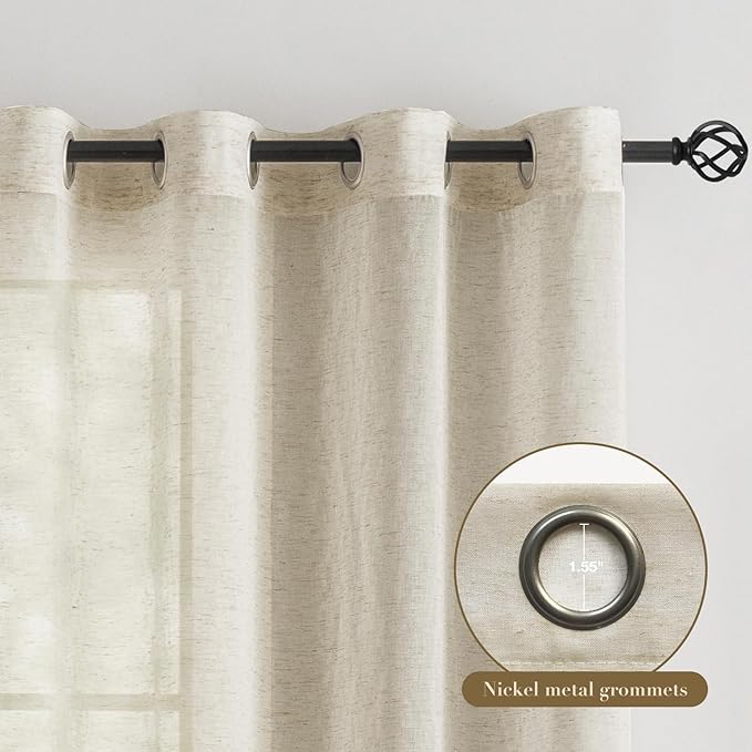Anmao Flax Linen Curtains for Living Room 63 Inch Length 2 Panels Set, Light Filtering Sheer Window Curtain Drapes for Bedroom with Nickel Grommet, 52 Inch Wide Each Panel, Linen Color